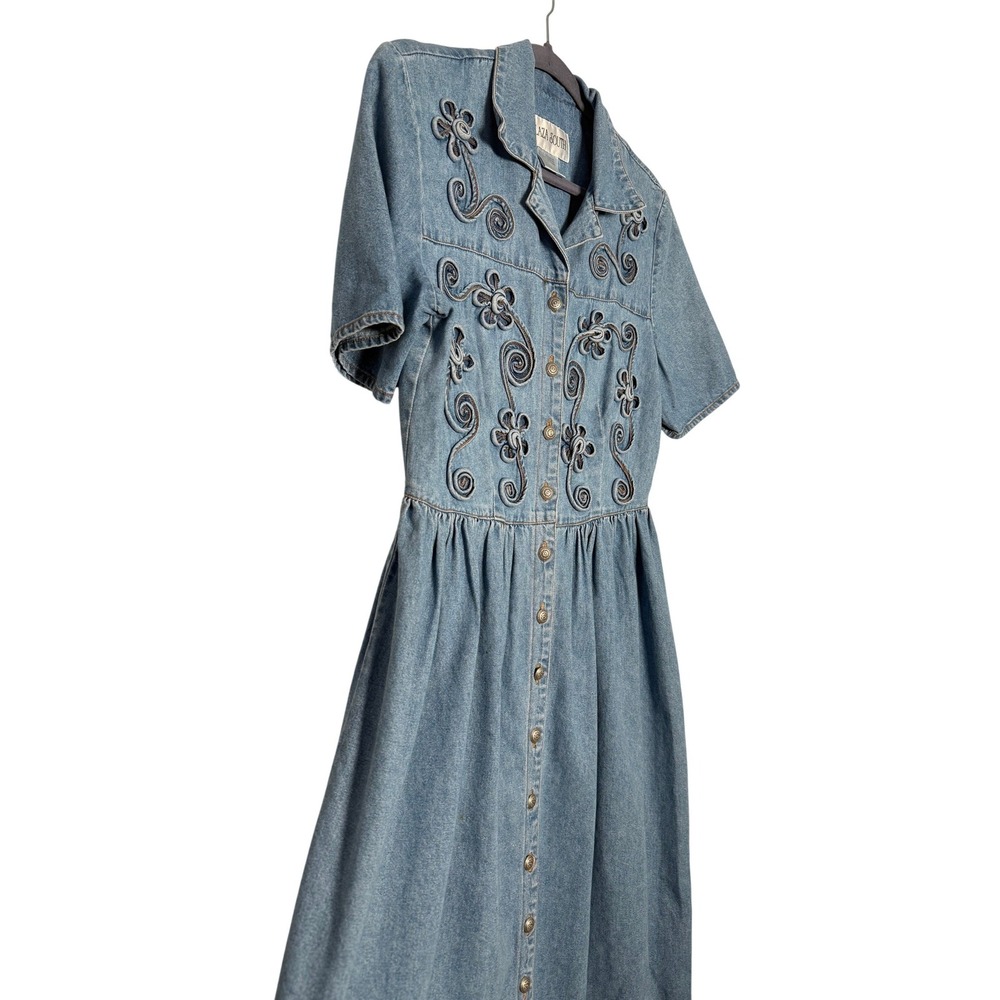 Vintage 90s Denim Long Button up dress Floral Embroidery Short Sleeve 8 - Picture 2 of 4